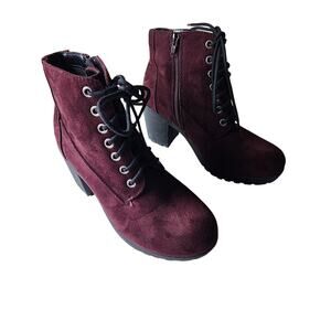 BTW By the Way Faux Suede Burgundy Ankle Block Heel Boots SZ 7.5